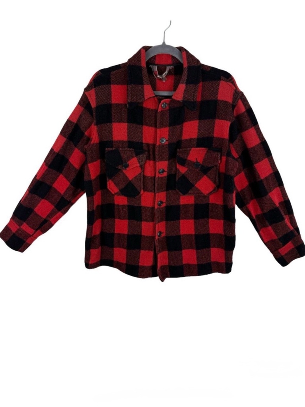 JCPenney Vintage Red Black Wool Plaid Button Up Hunting Jacket Pockets Mens M